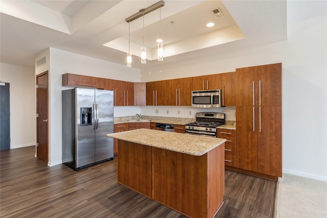 kitchen featuring dark hardwood / wood-style floors, appliances with stainless steel finishes, and a tray ceiling