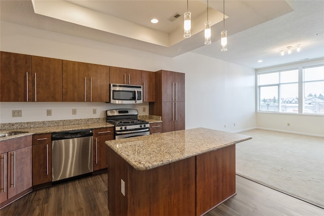 kitchen with hanging light fixtures, dark hardwood / wood-style flooring, a tray ceiling, a kitchen island, and appliances with stainless steel finishes