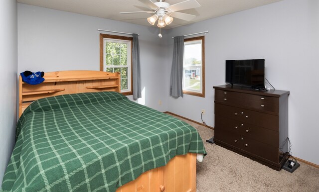 bedroom featuring ceiling fan and carpet