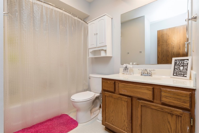 full bathroom with vanity, toilet, and shower / bath combination with curtain