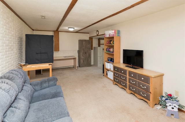 living room with light carpet, a textured ceiling, and brick wall