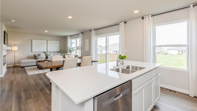 kitchen featuring a center island with sink, stainless steel dishwasher, a wealth of natural light, and sink