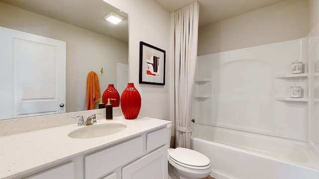 full bathroom with shower / bathtub combination with curtain, vanity, and toilet