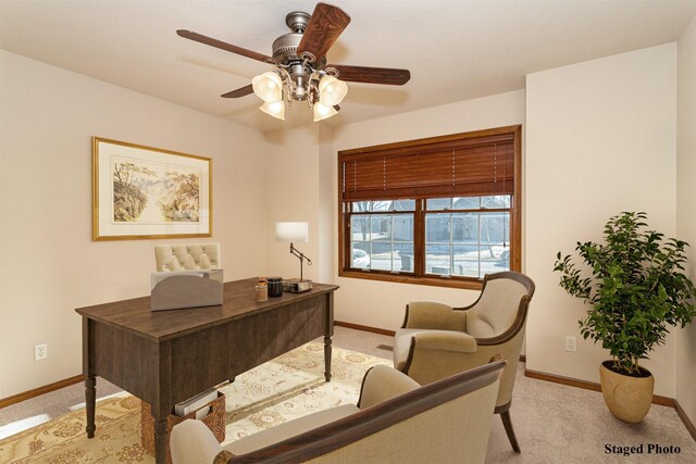 carpeted office with ceiling fan