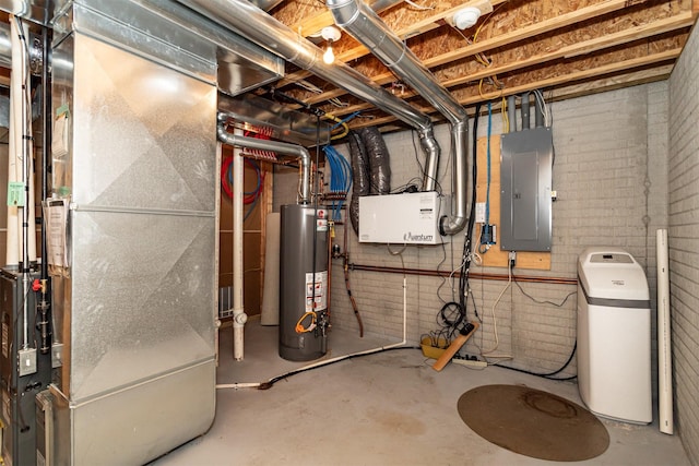 utility room with gas water heater, heating unit, and electric panel