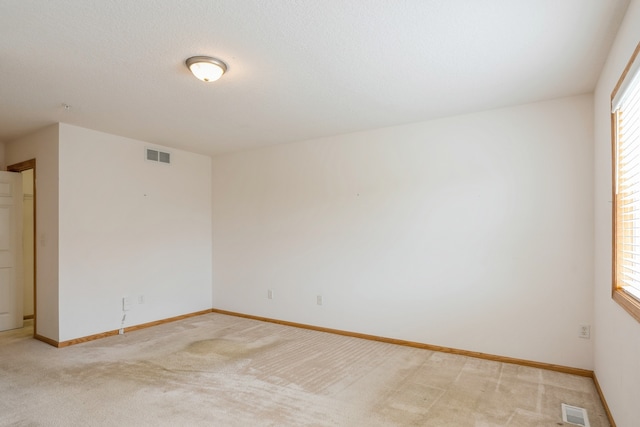 spare room with a textured ceiling, a healthy amount of sunlight, and light carpet