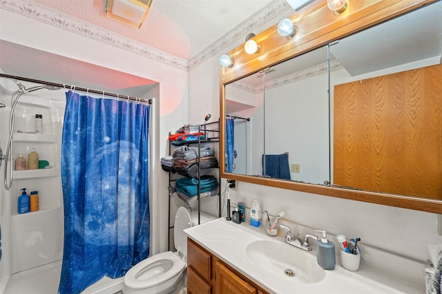 bathroom featuring curtained shower, a textured ceiling, vanity, and toilet