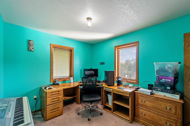 office featuring light carpet and a textured ceiling