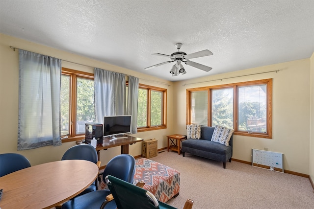 carpeted office space with a textured ceiling and ceiling fan