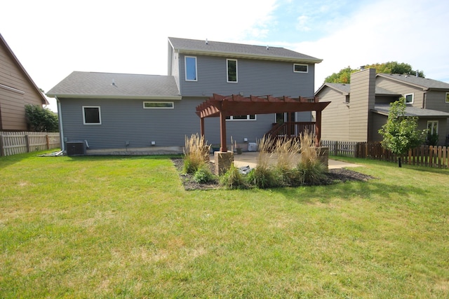 back of property featuring a patio, a pergola, a lawn, and central AC