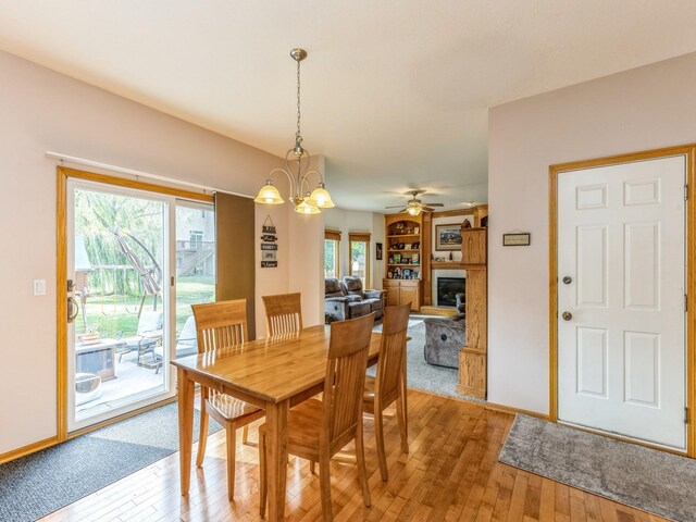 dining room featuring ceiling fan with notable chandelier and hardwood / wood-style floors