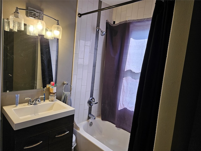 bathroom with vanity and shower / bath combination with curtain