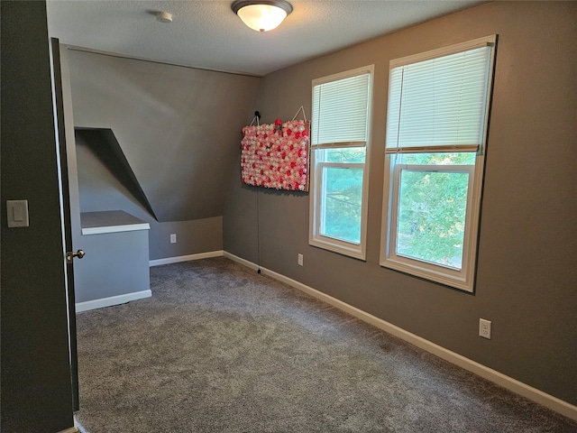 bonus room with carpet floors, a textured ceiling, and vaulted ceiling