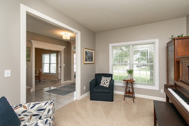 living area with light carpet, a textured ceiling, and a healthy amount of sunlight