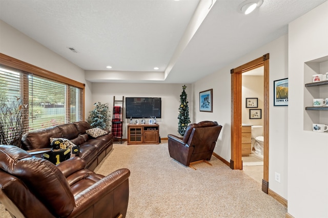 carpeted living room with a textured ceiling