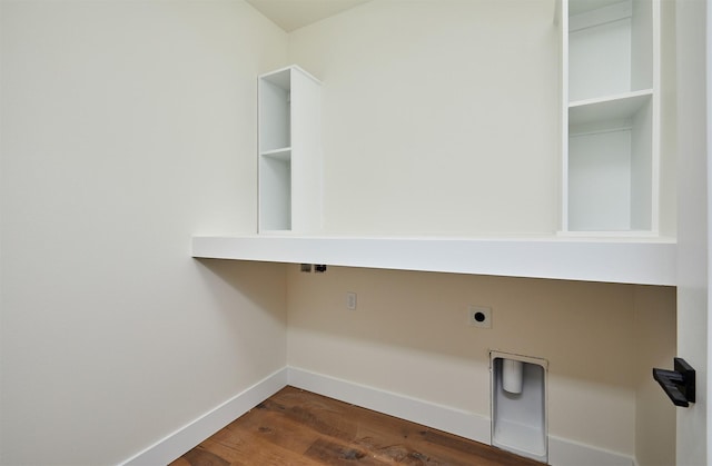 laundry room with dark wood-type flooring, laundry area, hookup for an electric dryer, and baseboards