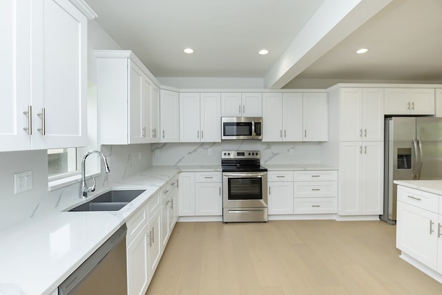 kitchen featuring sink, white cabinetry, light hardwood / wood-style flooring, stainless steel appliances, and backsplash