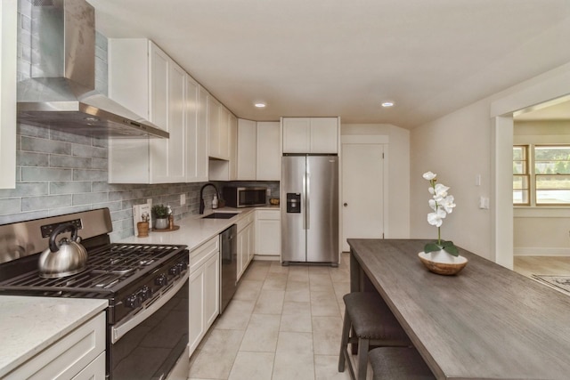 kitchen featuring stainless steel appliances, a sink, wall chimney exhaust hood, decorative backsplash, and white cabinetry