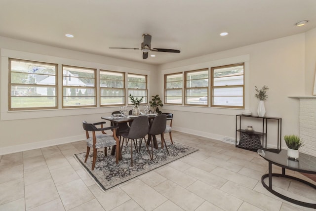 dining room featuring recessed lighting, visible vents, a ceiling fan, light tile patterned floors, and baseboards