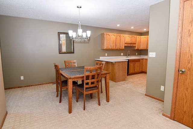 carpeted dining space featuring a notable chandelier and sink