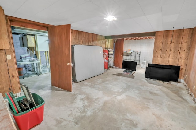 basement featuring wood walls