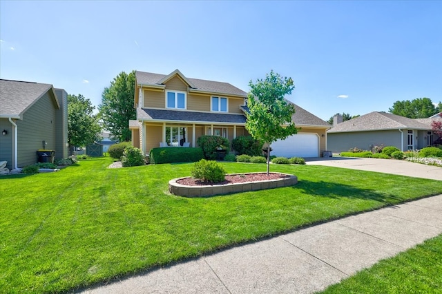 view of front of property with a garage and a front lawn