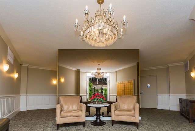 interior space with carpet floors, a notable chandelier, and ornamental molding