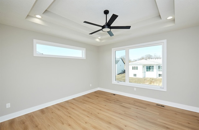 spare room featuring a tray ceiling, a wealth of natural light, and light hardwood / wood-style flooring