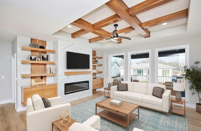 living room featuring a high end fireplace, light wood-type flooring, coffered ceiling, beam ceiling, and built in features