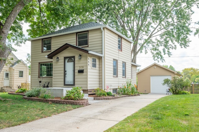 front facade with an outdoor structure, a garage, and a front lawn