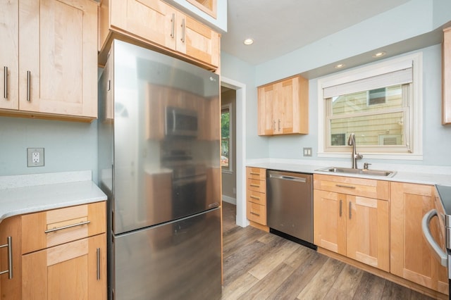 kitchen featuring a sink, wood finished floors, light brown cabinets, and stainless steel appliances