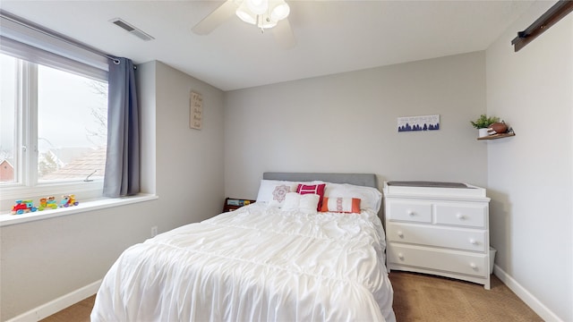 bedroom featuring carpet floors and ceiling fan