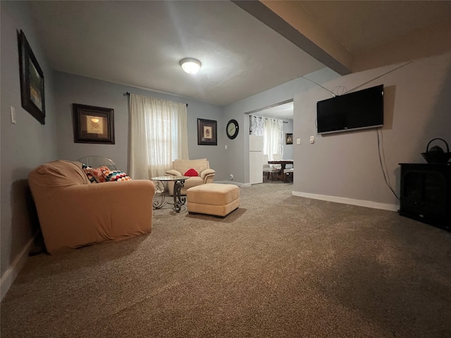 carpeted living room with beam ceiling and a wealth of natural light