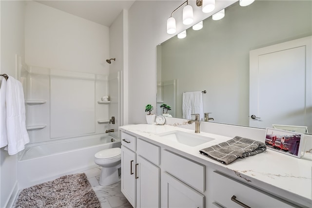 full bathroom featuring shower / bath combination, vanity, and toilet