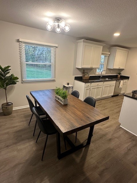 dining area with a textured ceiling, sink, and dark hardwood / wood-style flooring