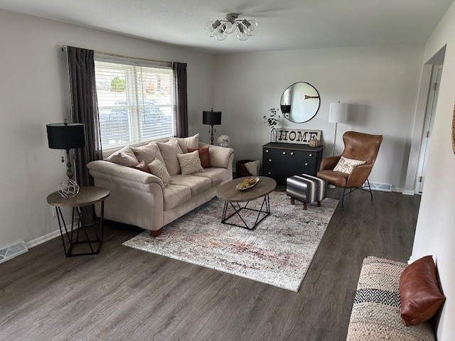 living room featuring dark wood-type flooring