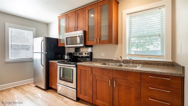 kitchen with backsplash, stainless steel appliances, light hardwood / wood-style flooring, and sink