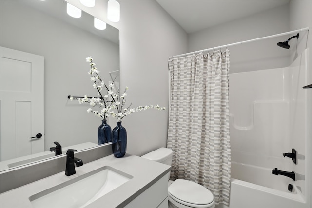 full bathroom with vanity, toilet, and shower / bathtub combination with curtain