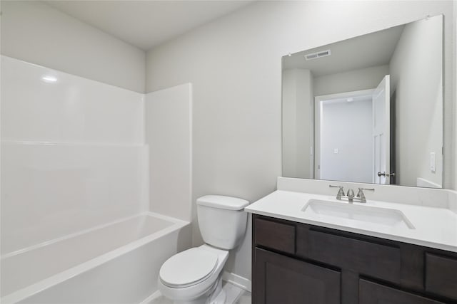 full bath with toilet, shower / bathtub combination, vanity, and visible vents