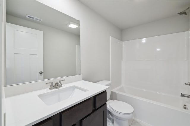 bathroom with toilet, shower / bathing tub combination, vanity, and visible vents