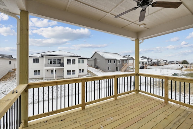 snow covered deck with ceiling fan