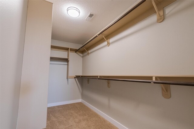 walk in closet with light carpet