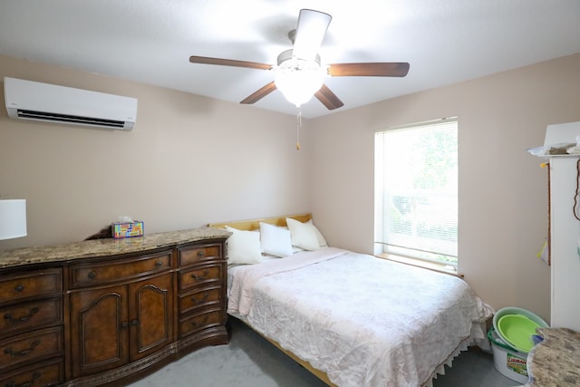 bedroom featuring ceiling fan, light colored carpet, and a wall mounted AC