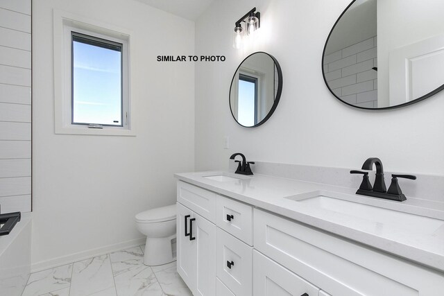 bathroom with vanity, toilet, and walk in shower