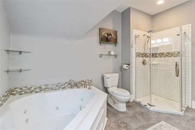 bathroom with shower with separate bathtub and toilet