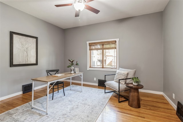 office featuring ceiling fan and light hardwood / wood-style floors