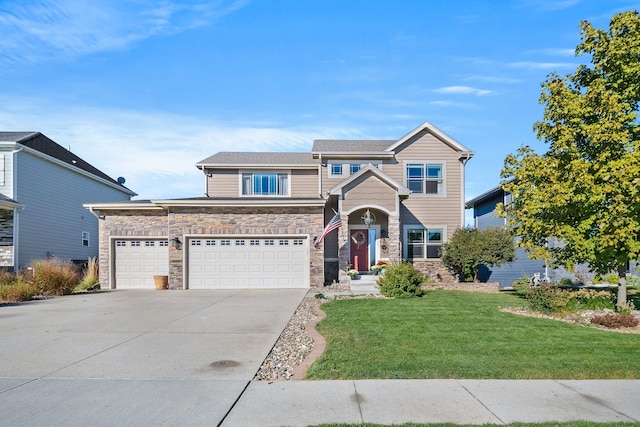 view of front of house with a front lawn and a garage