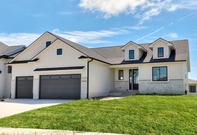 18016 Tanglewood Dr, Clive, IA 50325 - view of front of home featuring stone siding, an attached garage, driveway, a front lawn, and roof with shingles