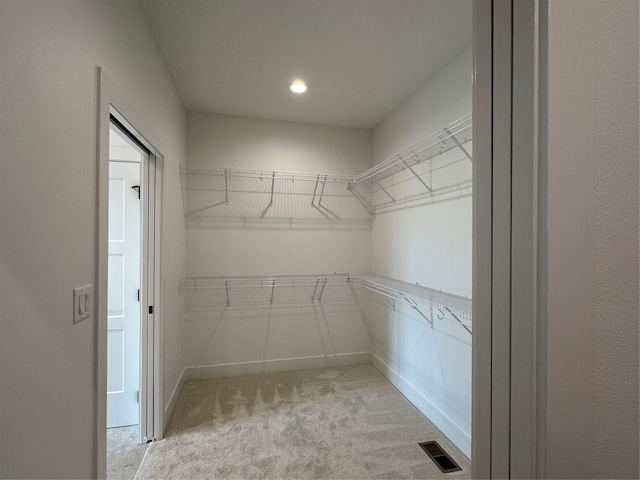 walk in closet with light colored carpet