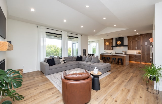 living room featuring lofted ceiling and light wood-type flooring